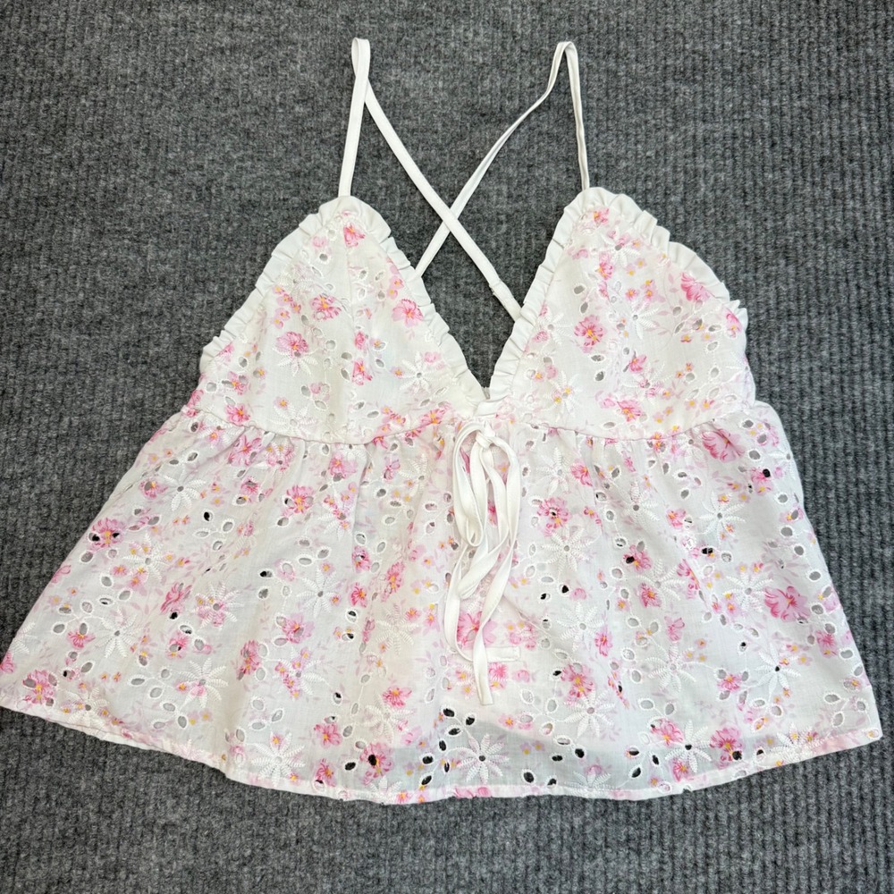 Shein Floral Eyelet Knot Front Cami Top Women's M Cottagecore Y2K Romantic Boho